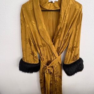 Emory Bee Mustard Robe with Black Fur Trim